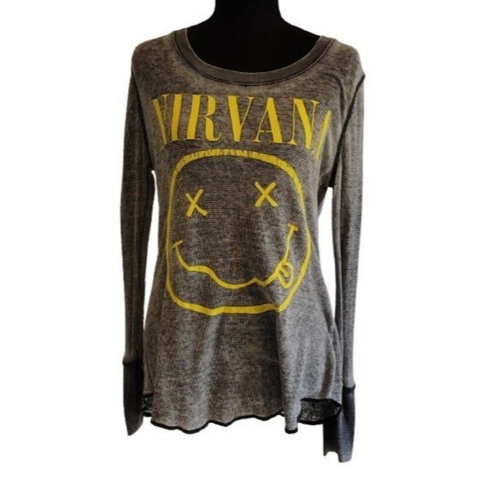 Nirvana Smiley Face Long Sleeve Thermal Knit Shirt Size Small Gray Acid Wash...